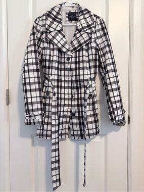 Faded Glory Black & White Plaid Trench Coat